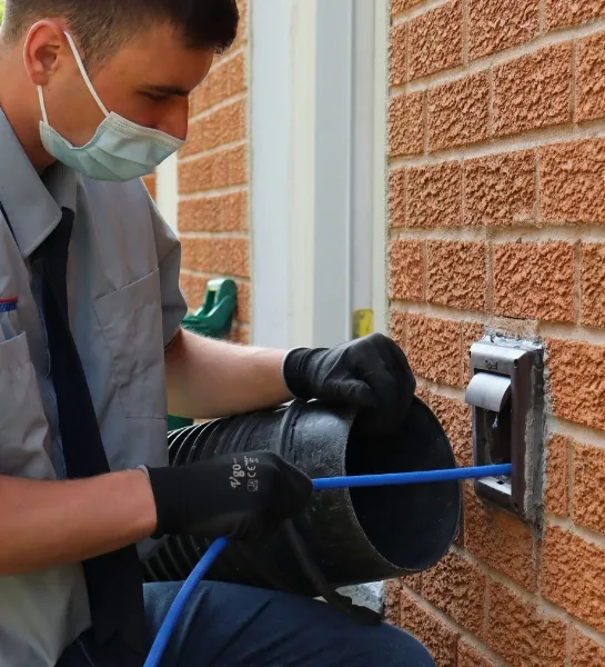 a man wearing a mask and gloves using a tube to connect a pipe