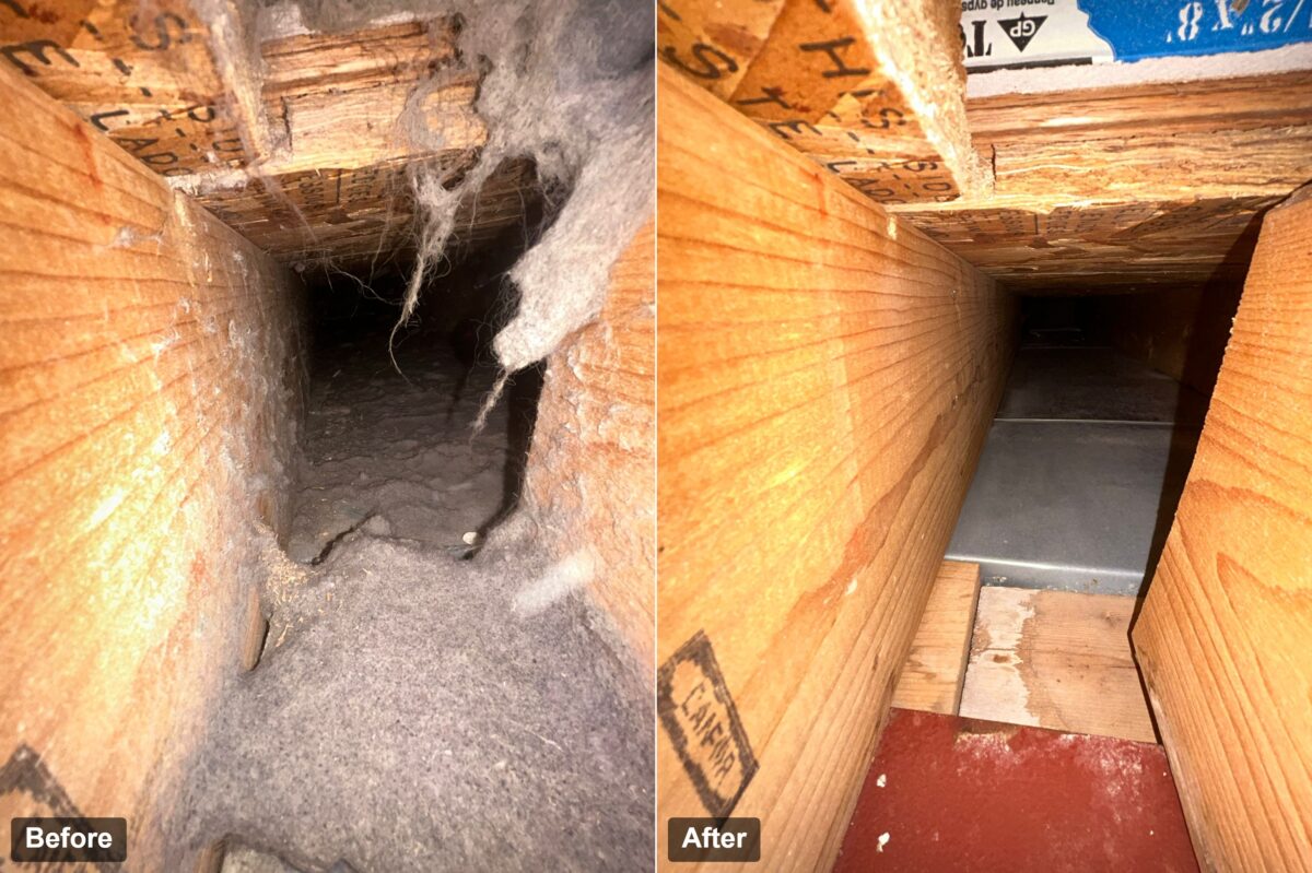 Before and after image of a duct after it is cleaned the right way with the right equipment